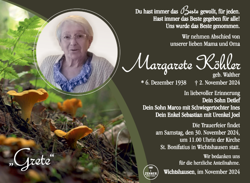  Traueranzeige für Margarete Köhler vom 16.11.2024 aus Südthüringer Presse
