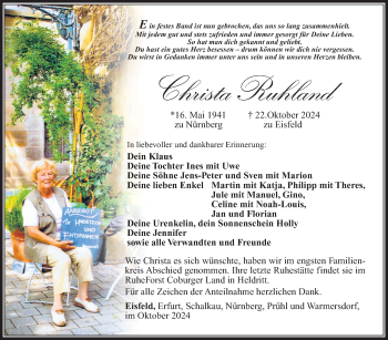 Traueranzeige von Christa Ruhland von Südthüringer Presse