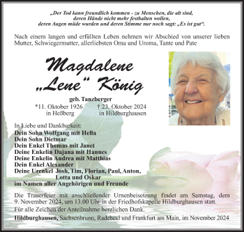 Traueranzeige von Magdalene König von Südthüringer Presse