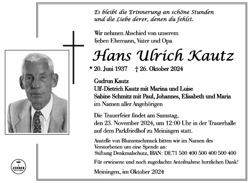  Traueranzeige für Hans-Ulrich Kautz vom 09.11.2024 aus Südthüringer Presse