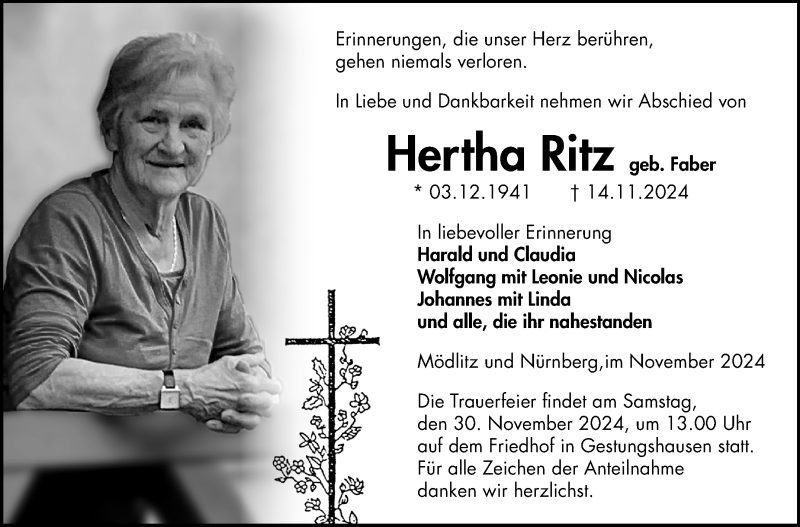  Traueranzeige für Hertha Ritz vom 23.11.2024 aus Neue Presse Coburg