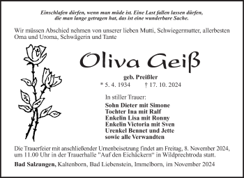 Traueranzeige von Oliva Geiß von Südthüringer Presse