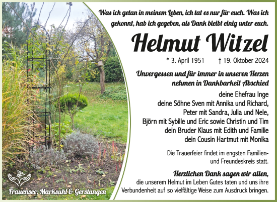 Traueranzeige von Helmut Witzel von Südthüringer Presse