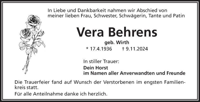  Traueranzeige für Vera Behrens vom 16.11.2024 aus Frankenpost