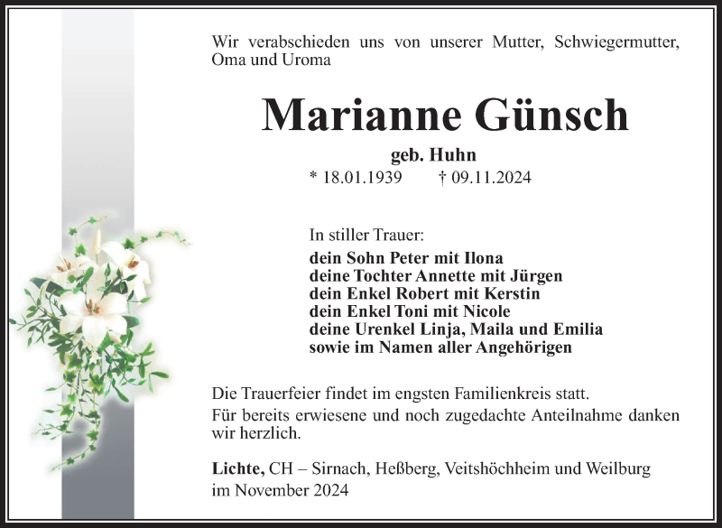  Traueranzeige für Marianne Günsch vom 23.11.2024 aus Südthüringer Presse