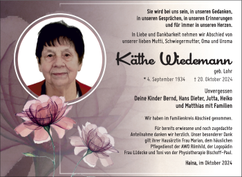 Traueranzeige von Käthe Wiedemann von Südthüringer Presse