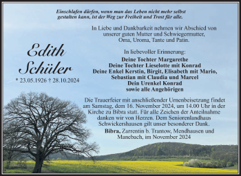 Traueranzeige von Edith Schüler von Südthüringer Presse
