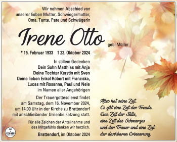 Traueranzeige von Irene Otto von Südthüringer Presse