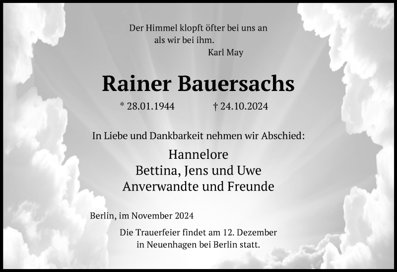  Traueranzeige für Rainer Bauersachs vom 23.11.2024 aus Südthüringer Presse