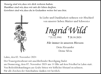 Traueranzeige von Ingrid Wild von Neue Presse Coburg