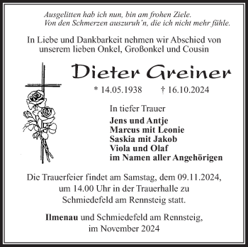 Traueranzeige von Dieter Greiner von Südthüringer Presse