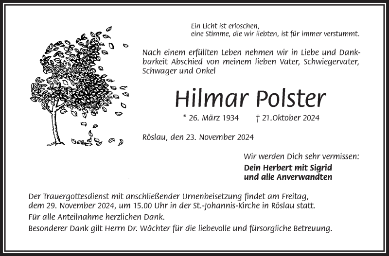  Traueranzeige für Hilmar Polster vom 23.11.2024 aus Frankenpost