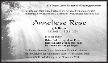 Traueranzeige von Anneliese Rose von Südthüringer Presse