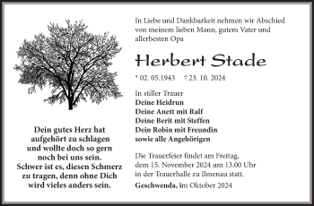 Traueranzeige von Herbert Stade von Südthüringer Presse