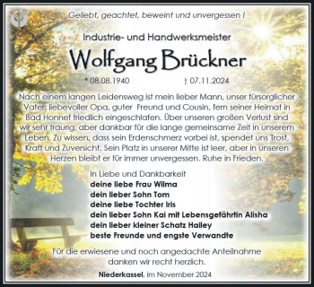 Traueranzeige von Wolfgang Brückner von Südthüringer Presse