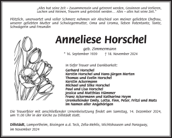 Traueranzeige von Anneliese Horschel von Südthüringer Presse
