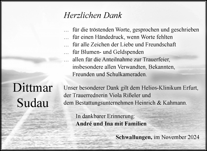  Traueranzeige für Dittmar Sudau vom 29.11.2024 aus Südthüringer Presse