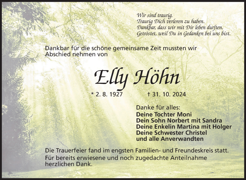  Traueranzeige für Elly Höhn vom 30.11.2024 aus Neue Presse Coburg