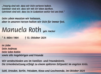Traueranzeige von Manuela Roth von Südthüringer Presse