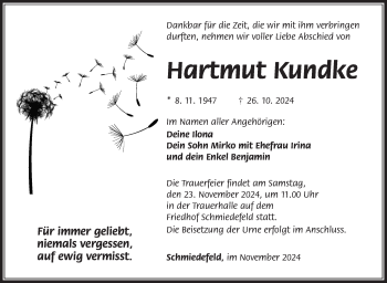 Traueranzeige von Hartmut Kundke von Südthüringer Presse