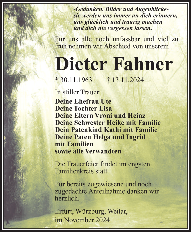  Traueranzeige für Dieter Fahner vom 27.11.2024 aus Südthüringer Presse