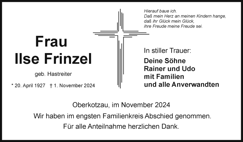  Traueranzeige für Ilse Frinzel vom 23.11.2024 aus Frankenpost