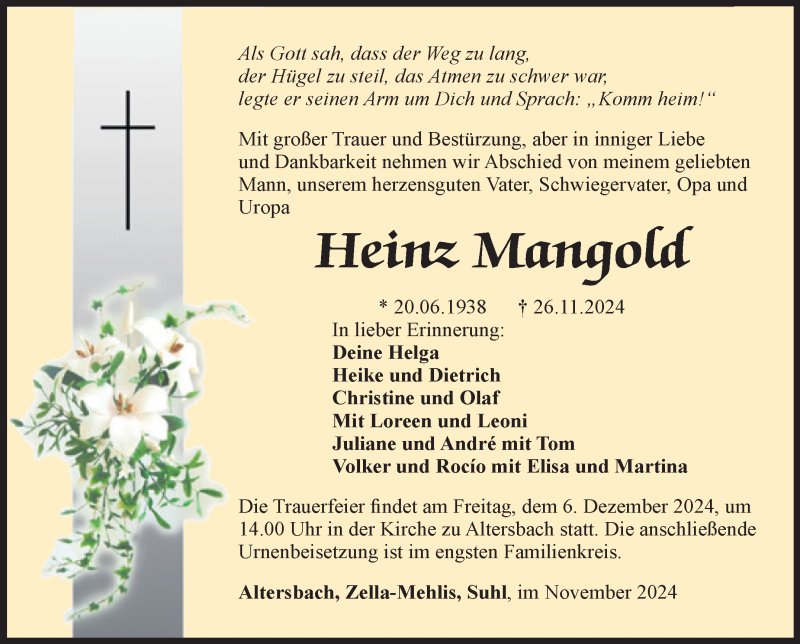  Traueranzeige für Heinz Mangold vom 30.11.2024 aus Südthüringer Presse