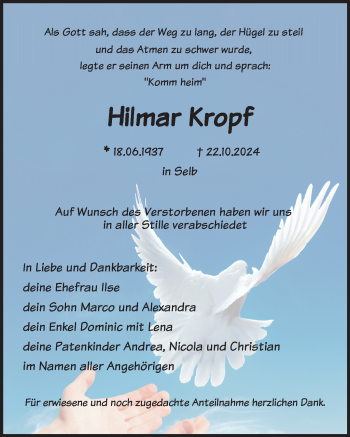 Traueranzeige von Hilmar Kropf von Frankenpost