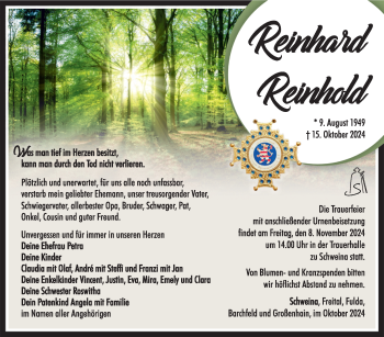 Traueranzeige von Reinhard Reinhold von Südthüringer Presse