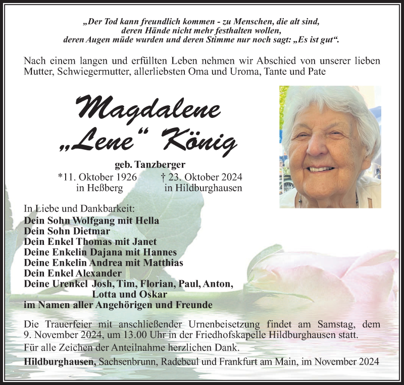  Traueranzeige für Magdalene König vom 02.11.2024 aus Südthüringer Presse