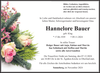 Traueranzeige von Hannelore Bauer von Südthüringer Presse