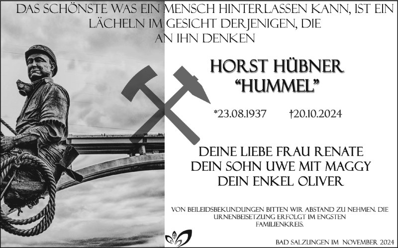  Traueranzeige für Horst Hübner vom 09.11.2024 aus Südthüringer Presse