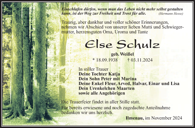  Traueranzeige für Else Schulz vom 23.11.2024 aus Südthüringer Presse