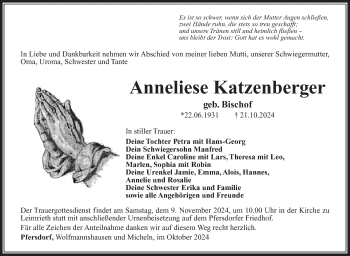 Traueranzeige von Anneliese Katzenberger von Südthüringer Presse