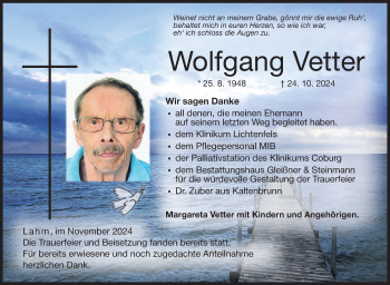 Traueranzeige von Wolfgang Vetter von Neue Presse Coburg
