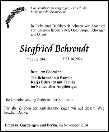 Traueranzeige von Siegfried Behrendt von Südthüringer Presse