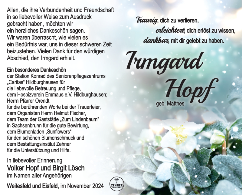  Traueranzeige für Irmgard Hopf vom 30.11.2024 aus Südthüringer Presse