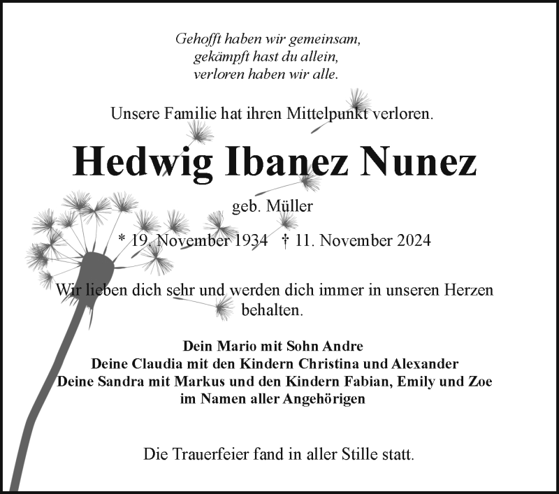  Traueranzeige für Hedwig Ibanez Nunez vom 16.11.2024 aus Frankenpost