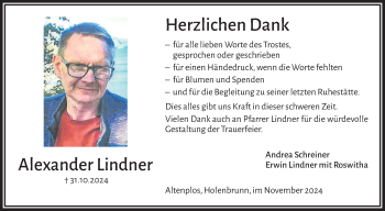 Traueranzeige von Alexander Lindner von Südthüringer Presse