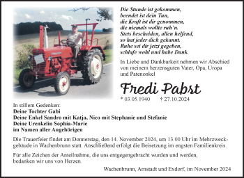 Traueranzeige von Fredi Pabst von Südthüringer Presse