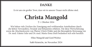 Traueranzeige von Christa Mangold von Südthüringer Presse
