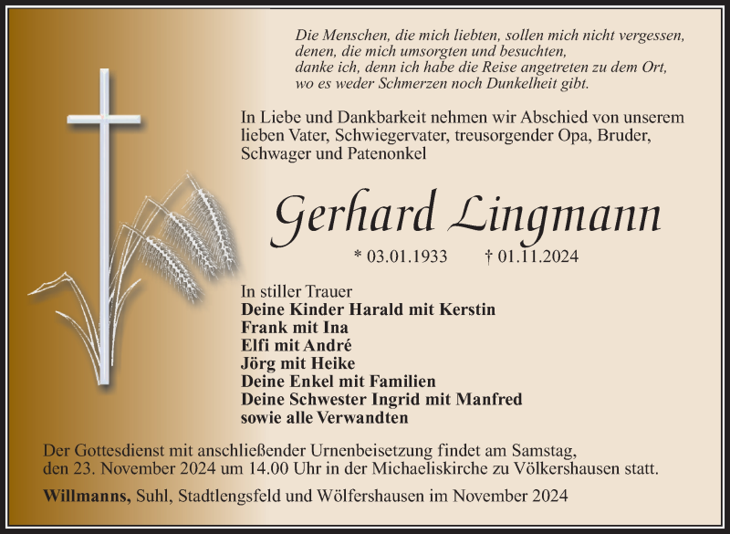  Traueranzeige für Gerhard Lingmann vom 16.11.2024 aus Südthüringer Presse