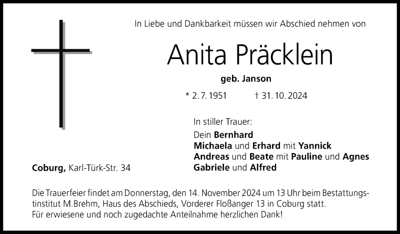  Traueranzeige für Anita Präcklein vom 09.11.2024 aus Neue Presse Coburg