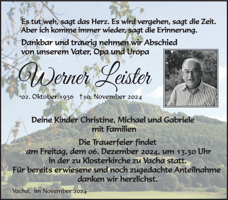  Traueranzeige für Werner Leister vom 30.11.2024 aus Südthüringer Presse