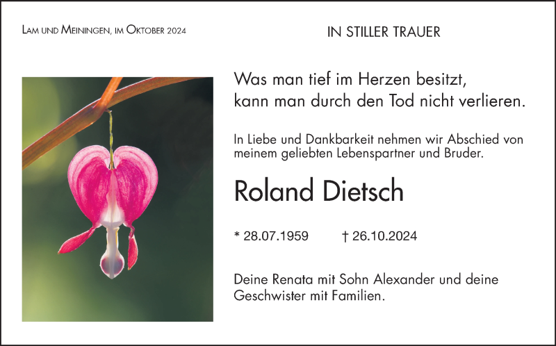  Traueranzeige für Roland Dietsch vom 16.11.2024 aus Südthüringer Presse
