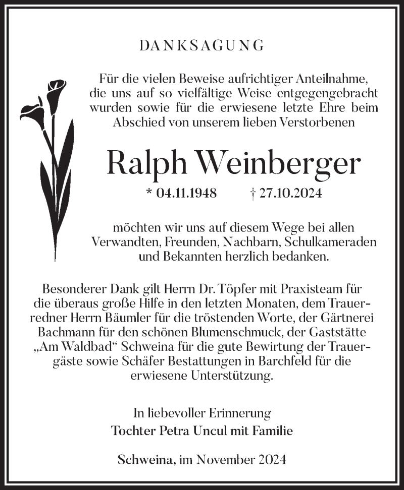  Traueranzeige für Ralph Weinberger vom 30.11.2024 aus Südthüringer Presse