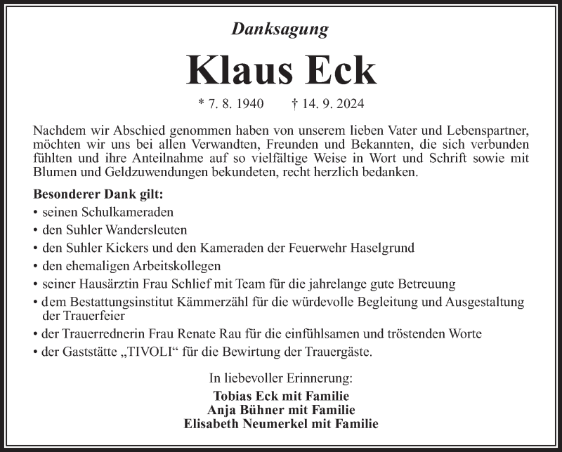  Traueranzeige für Klaus Eck vom 23.11.2024 aus Südthüringer Presse