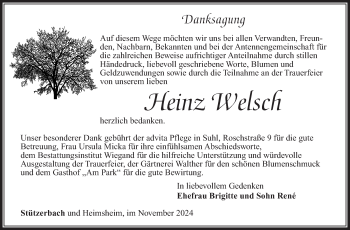 Traueranzeige von Heinz Welsch von Südthüringer Presse