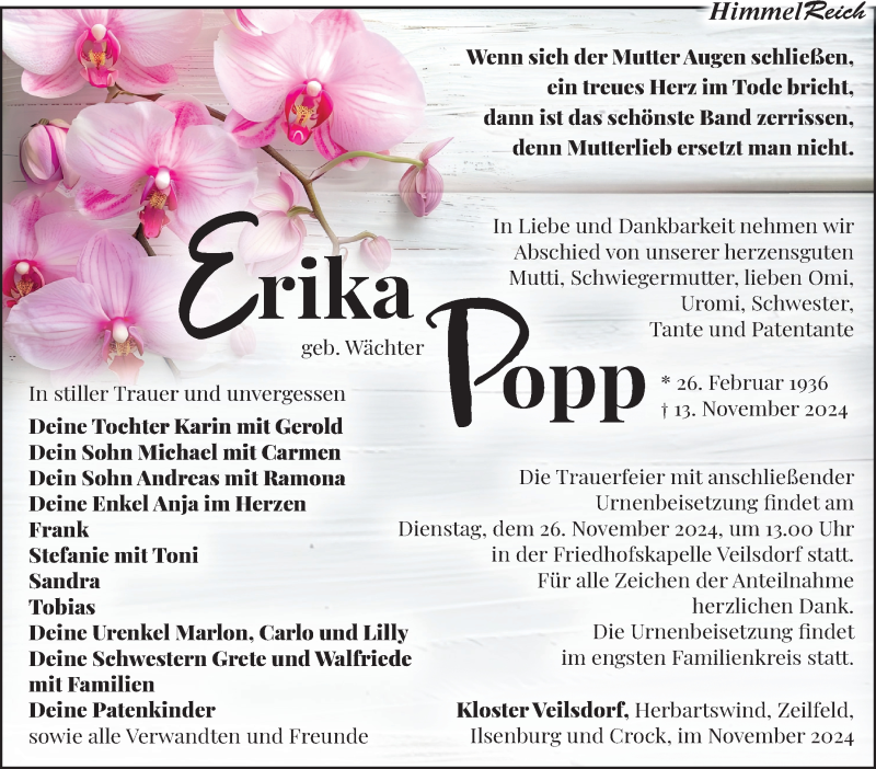  Traueranzeige für Erika Popp vom 23.11.2024 aus Südthüringer Presse