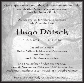 Traueranzeige von Hugo Dötsch von Frankenpost
